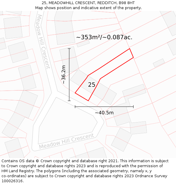 25, MEADOWHILL CRESCENT, REDDITCH, B98 8HT: Plot and title map