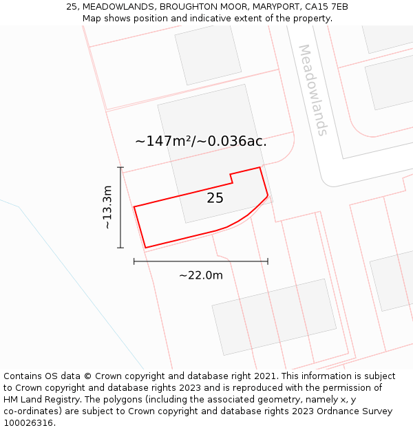 25, MEADOWLANDS, BROUGHTON MOOR, MARYPORT, CA15 7EB: Plot and title map