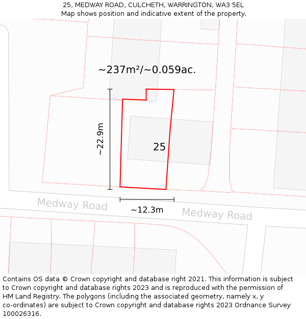 25, MEDWAY ROAD, CULCHETH, WARRINGTON, WA3 5EL: Plot and title map
