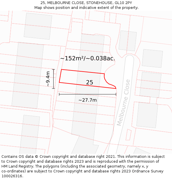 25, MELBOURNE CLOSE, STONEHOUSE, GL10 2PY: Plot and title map