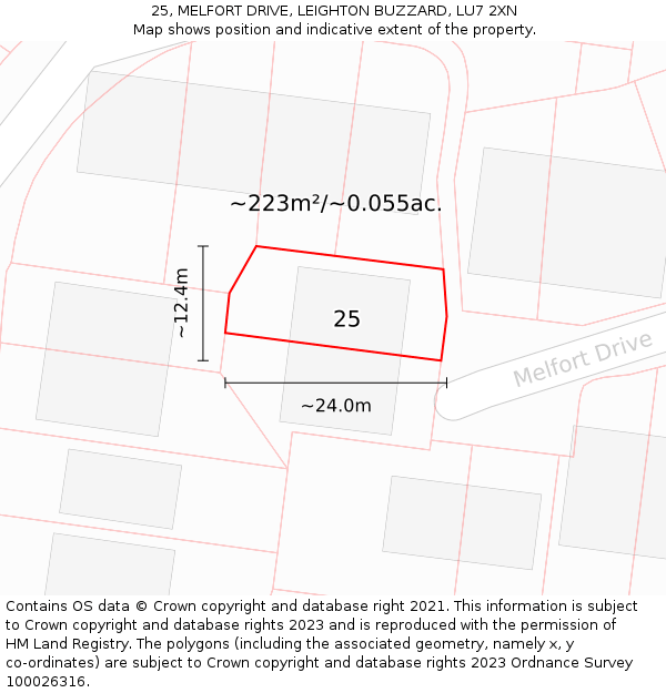 25, MELFORT DRIVE, LEIGHTON BUZZARD, LU7 2XN: Plot and title map