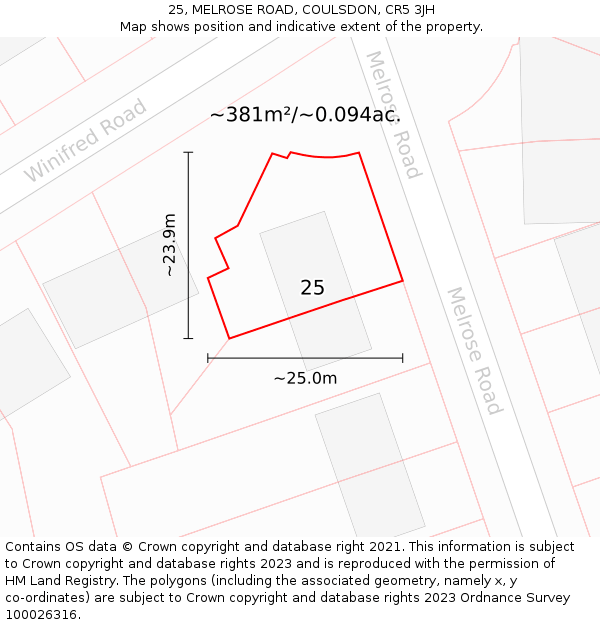 25, MELROSE ROAD, COULSDON, CR5 3JH: Plot and title map