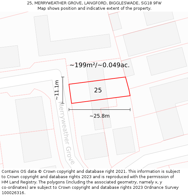25, MERRYWEATHER GROVE, LANGFORD, BIGGLESWADE, SG18 9FW: Plot and title map