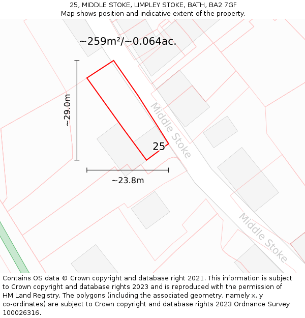 25, MIDDLE STOKE, LIMPLEY STOKE, BATH, BA2 7GF: Plot and title map