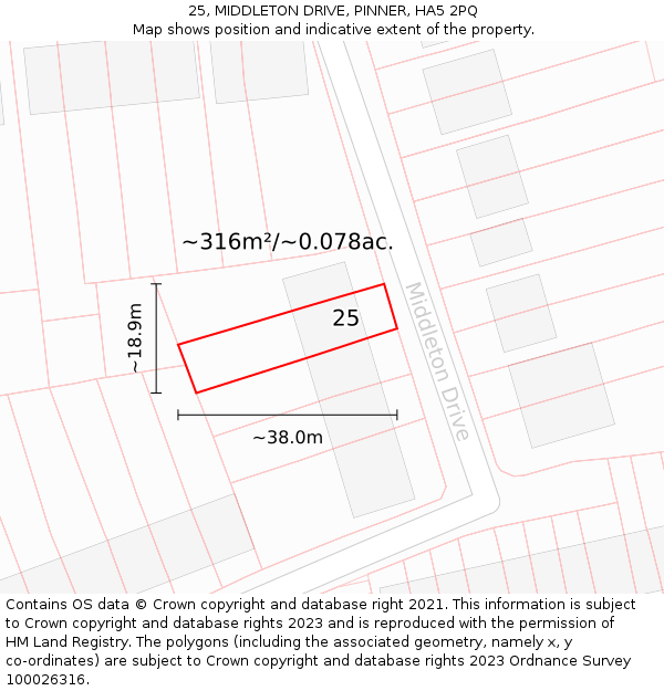25, MIDDLETON DRIVE, PINNER, HA5 2PQ: Plot and title map