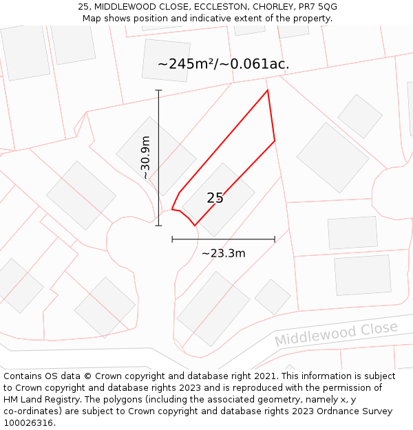 25, MIDDLEWOOD CLOSE, ECCLESTON, CHORLEY, PR7 5QG: Plot and title map