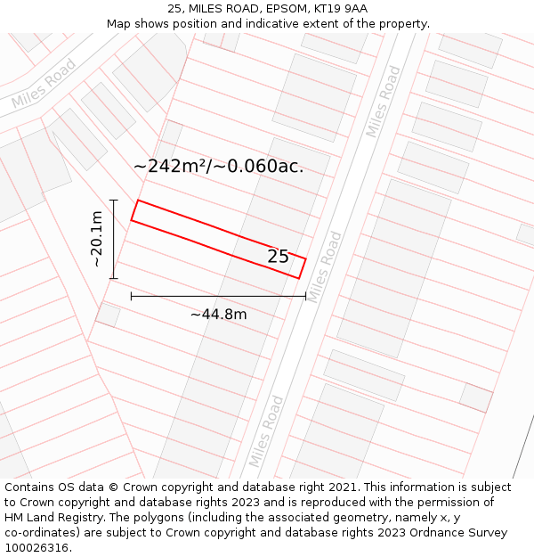 25, MILES ROAD, EPSOM, KT19 9AA: Plot and title map