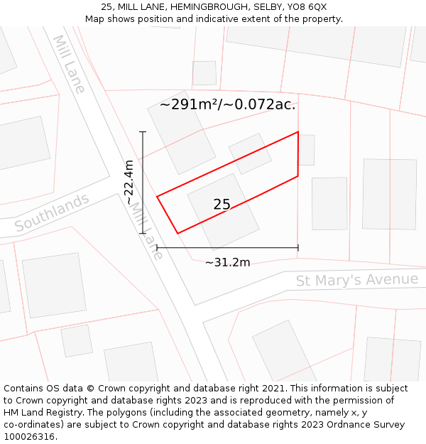 25, MILL LANE, HEMINGBROUGH, SELBY, YO8 6QX: Plot and title map