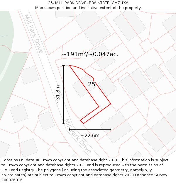 25, MILL PARK DRIVE, BRAINTREE, CM7 1XA: Plot and title map
