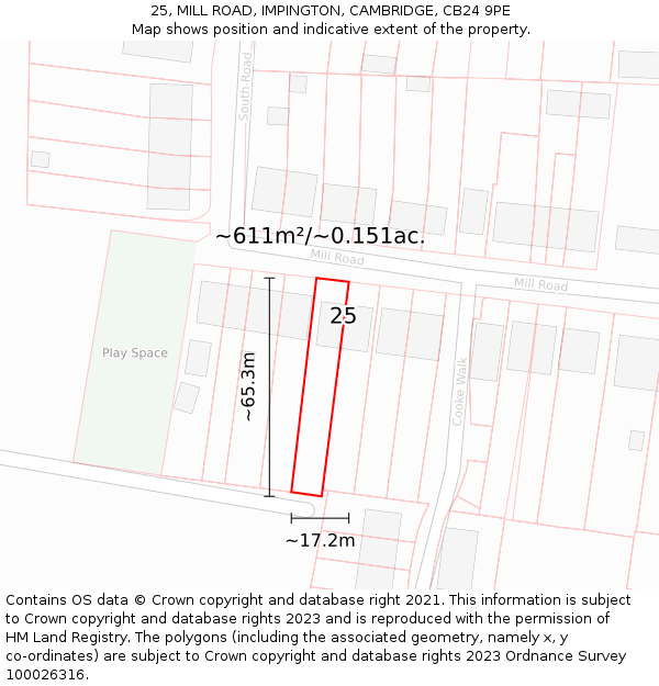25, MILL ROAD, IMPINGTON, CAMBRIDGE, CB24 9PE: Plot and title map