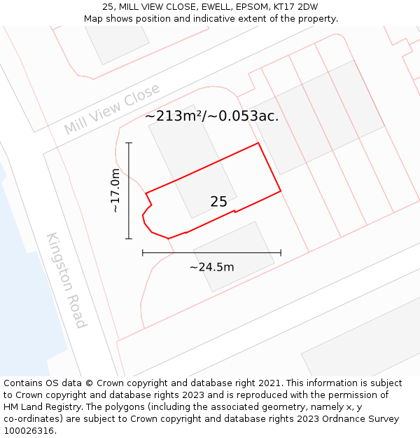 25, MILL VIEW CLOSE, EWELL, EPSOM, KT17 2DW: Plot and title map