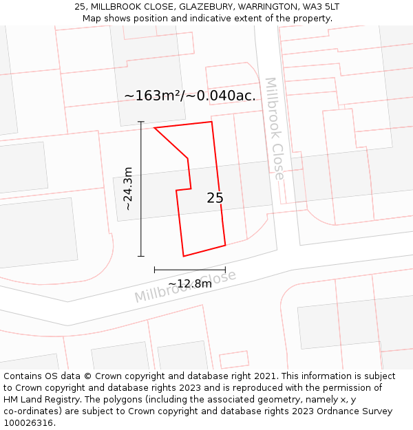25, MILLBROOK CLOSE, GLAZEBURY, WARRINGTON, WA3 5LT: Plot and title map