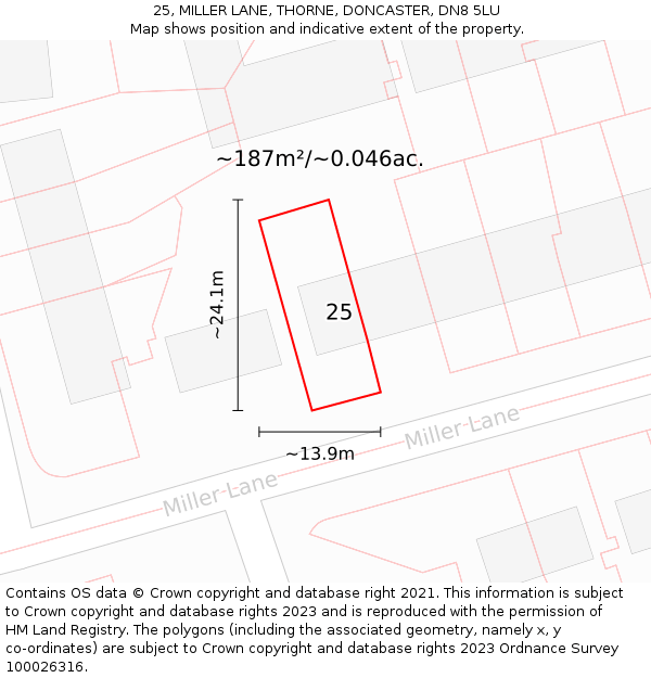 25, MILLER LANE, THORNE, DONCASTER, DN8 5LU: Plot and title map