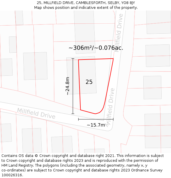 25, MILLFIELD DRIVE, CAMBLESFORTH, SELBY, YO8 8JY: Plot and title map