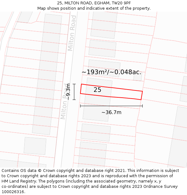 25, MILTON ROAD, EGHAM, TW20 9PF: Plot and title map