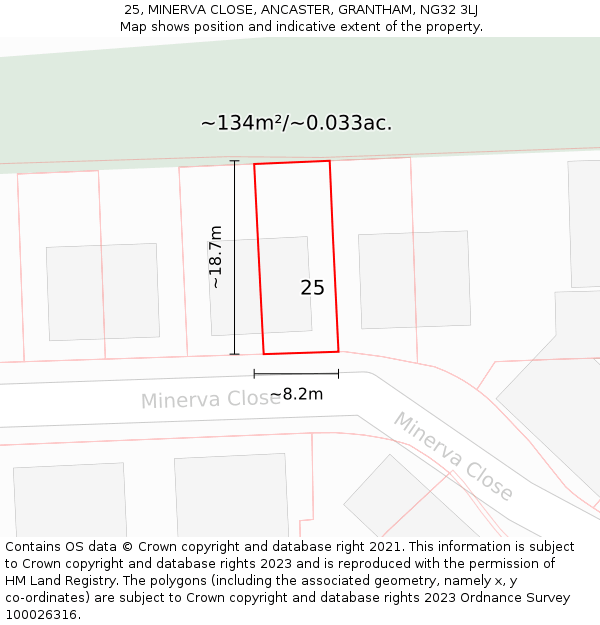 25, MINERVA CLOSE, ANCASTER, GRANTHAM, NG32 3LJ: Plot and title map