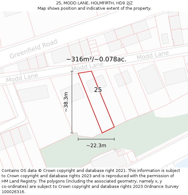 25, MODD LANE, HOLMFIRTH, HD9 2JZ: Plot and title map