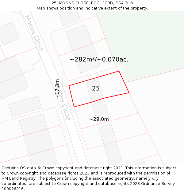 25, MOONS CLOSE, ROCHFORD, SS4 3HA: Plot and title map