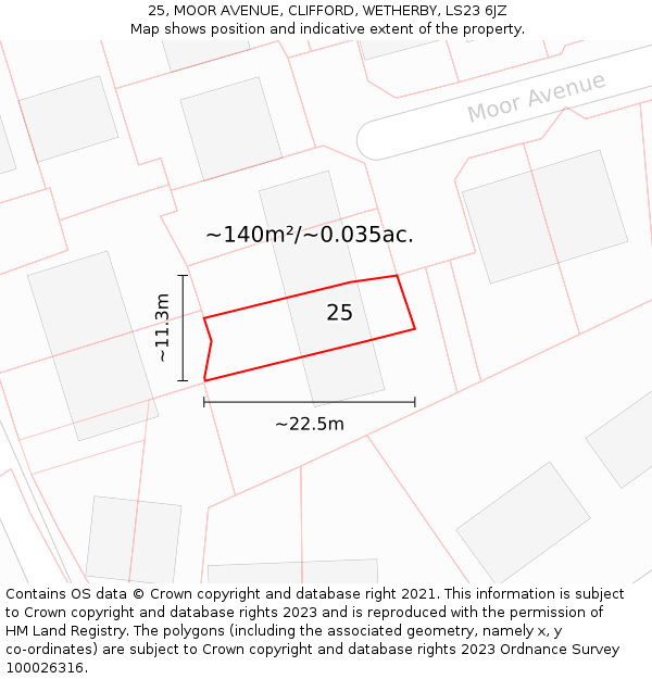 25, MOOR AVENUE, CLIFFORD, WETHERBY, LS23 6JZ: Plot and title map