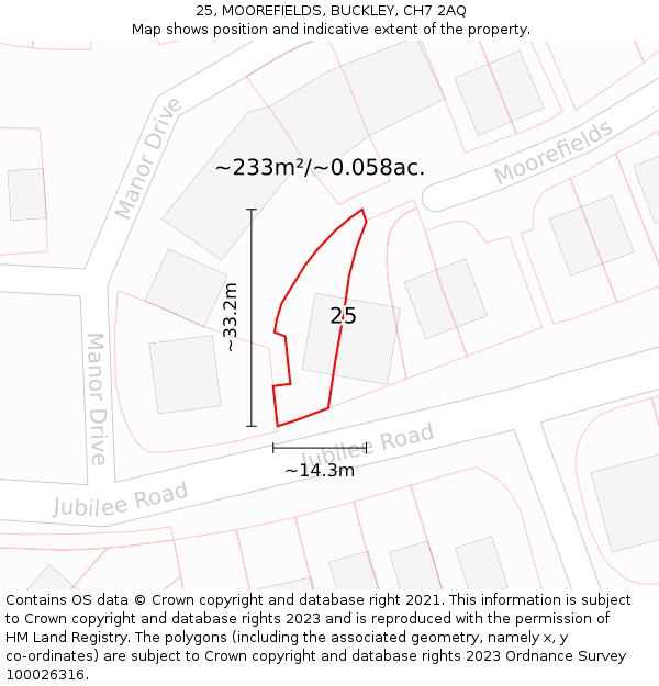 25, MOOREFIELDS, BUCKLEY, CH7 2AQ: Plot and title map