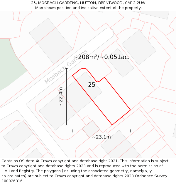 25, MOSBACH GARDENS, HUTTON, BRENTWOOD, CM13 2UW: Plot and title map