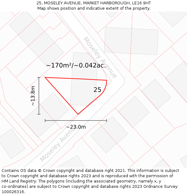 25, MOSELEY AVENUE, MARKET HARBOROUGH, LE16 9HT: Plot and title map