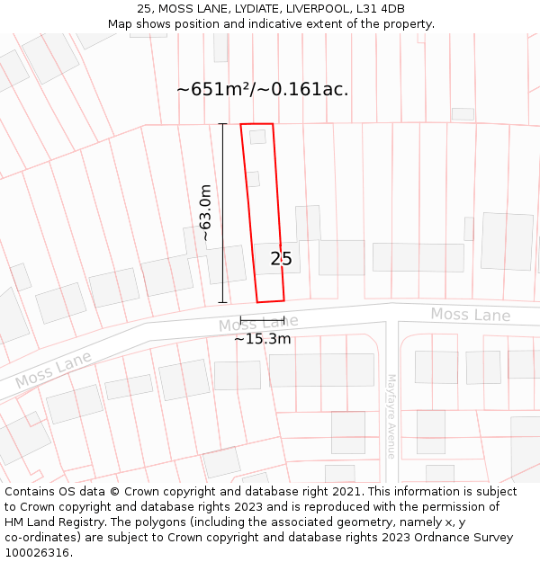 25, MOSS LANE, LYDIATE, LIVERPOOL, L31 4DB: Plot and title map