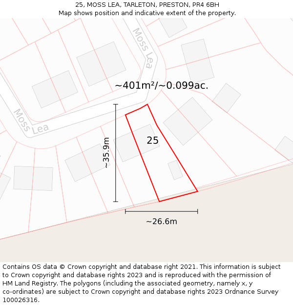 25, MOSS LEA, TARLETON, PRESTON, PR4 6BH: Plot and title map