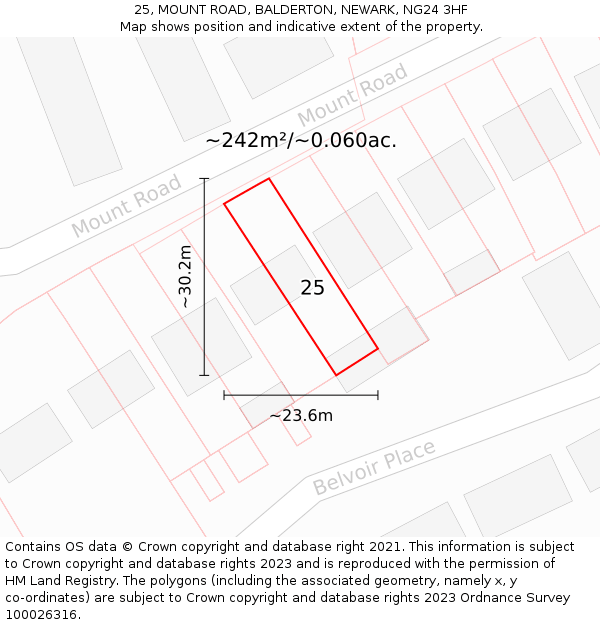 25, MOUNT ROAD, BALDERTON, NEWARK, NG24 3HF: Plot and title map