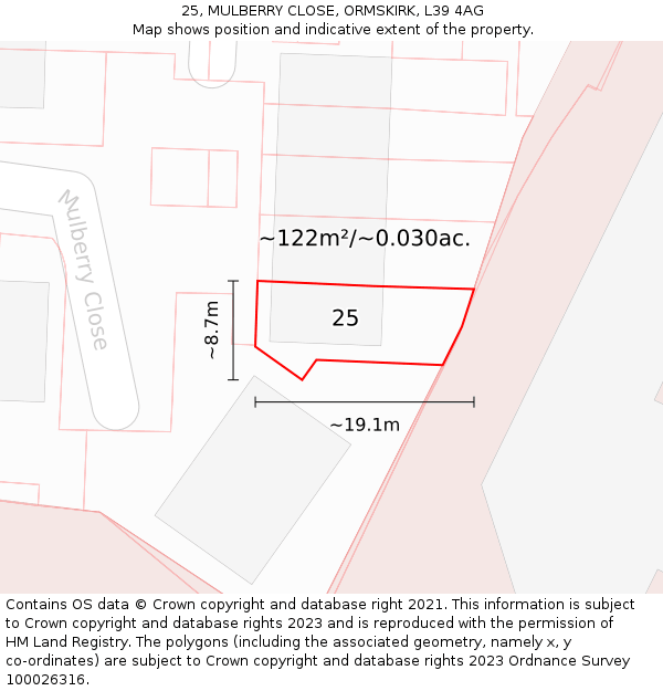 25, MULBERRY CLOSE, ORMSKIRK, L39 4AG: Plot and title map