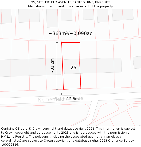 25, NETHERFIELD AVENUE, EASTBOURNE, BN23 7BS: Plot and title map