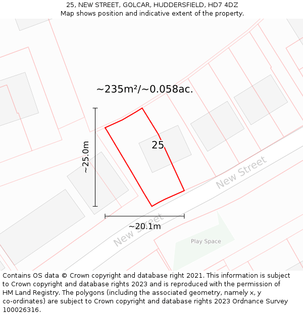25, NEW STREET, GOLCAR, HUDDERSFIELD, HD7 4DZ: Plot and title map