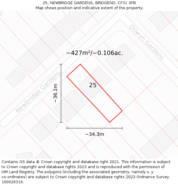 25, NEWBRIDGE GARDENS, BRIDGEND, CF31 3PB: Plot and title map