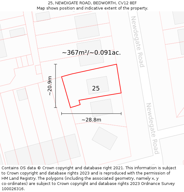 25, NEWDIGATE ROAD, BEDWORTH, CV12 8EF: Plot and title map