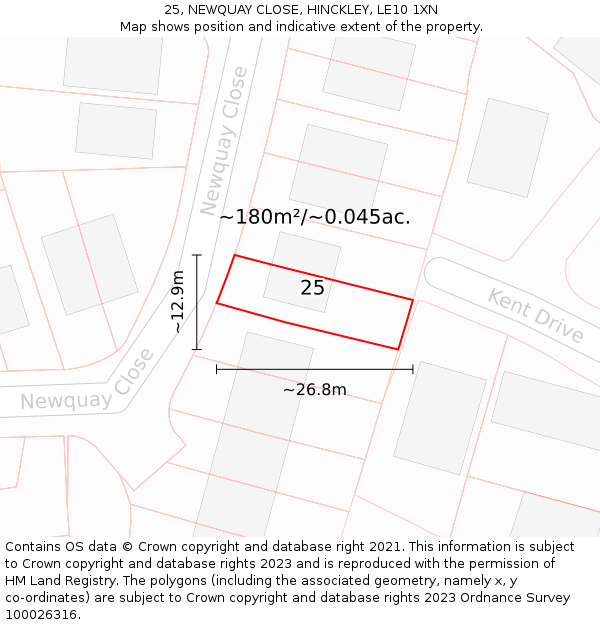 25, NEWQUAY CLOSE, HINCKLEY, LE10 1XN: Plot and title map