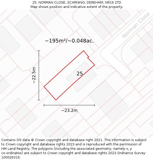 25, NORMAN CLOSE, SCARNING, DEREHAM, NR19 2TD: Plot and title map