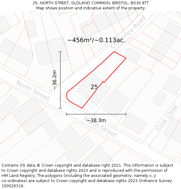 25, NORTH STREET, OLDLAND COMMON, BRISTOL, BS30 8TT: Plot and title map