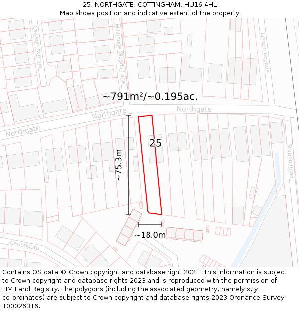 25, NORTHGATE, COTTINGHAM, HU16 4HL: Plot and title map