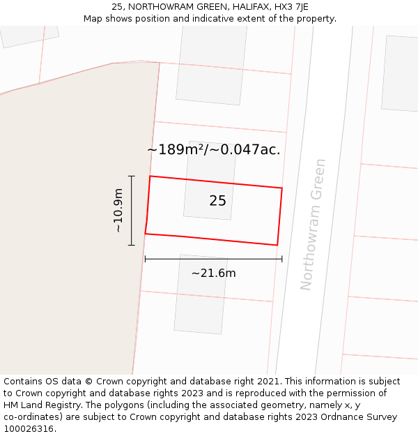 25, NORTHOWRAM GREEN, HALIFAX, HX3 7JE: Plot and title map