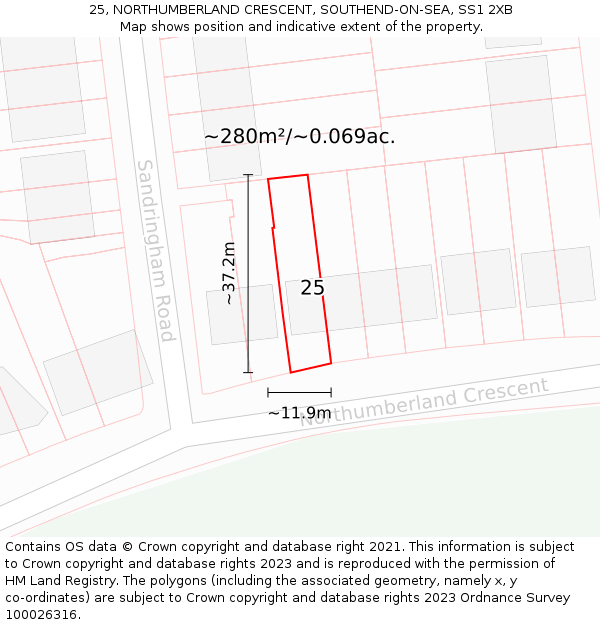 25, NORTHUMBERLAND CRESCENT, SOUTHEND-ON-SEA, SS1 2XB: Plot and title map