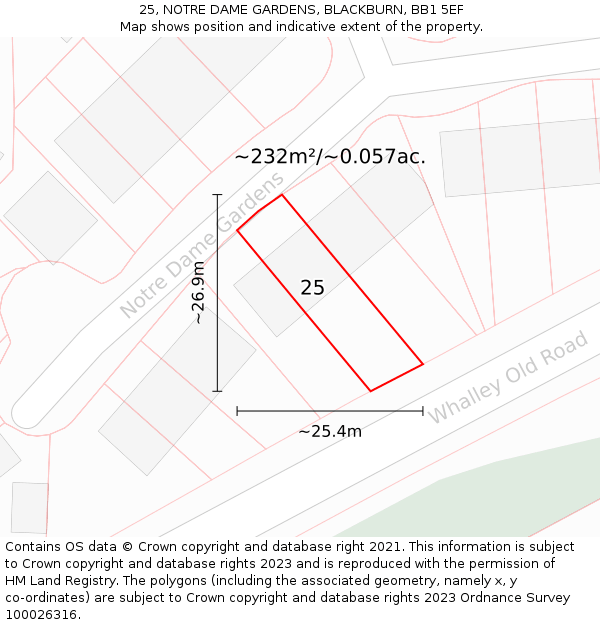 25, NOTRE DAME GARDENS, BLACKBURN, BB1 5EF: Plot and title map