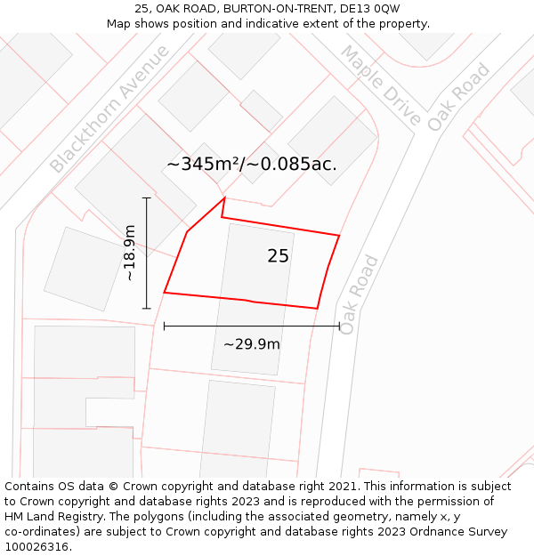 25, OAK ROAD, BURTON-ON-TRENT, DE13 0QW: Plot and title map