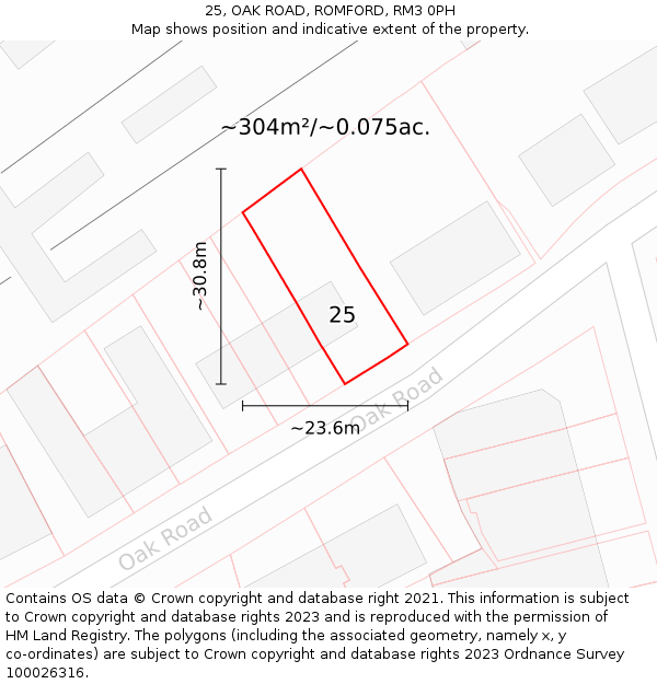 25, OAK ROAD, ROMFORD, RM3 0PH: Plot and title map
