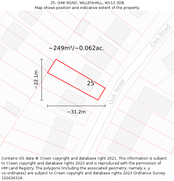 25, OAK ROAD, WILLENHALL, WV13 3DB: Plot and title map