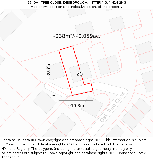 25, OAK TREE CLOSE, DESBOROUGH, KETTERING, NN14 2NG: Plot and title map