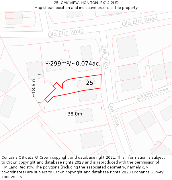 25, OAK VIEW, HONITON, EX14 2UD: Plot and title map