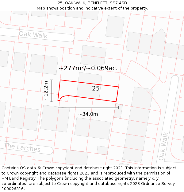 25, OAK WALK, BENFLEET, SS7 4SB: Plot and title map
