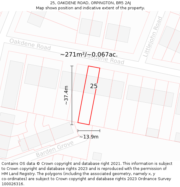 25, OAKDENE ROAD, ORPINGTON, BR5 2AJ: Plot and title map
