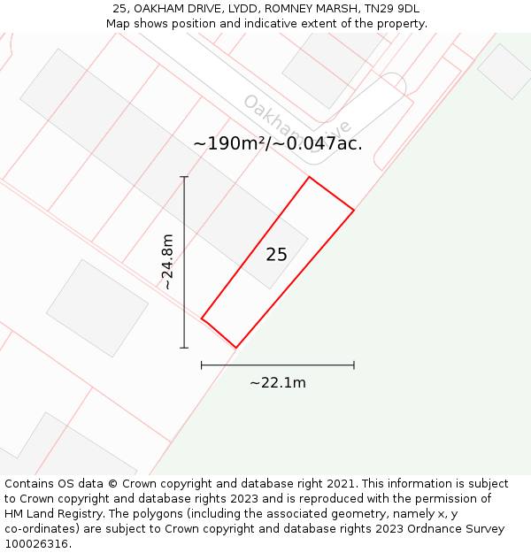 25, OAKHAM DRIVE, LYDD, ROMNEY MARSH, TN29 9DL: Plot and title map