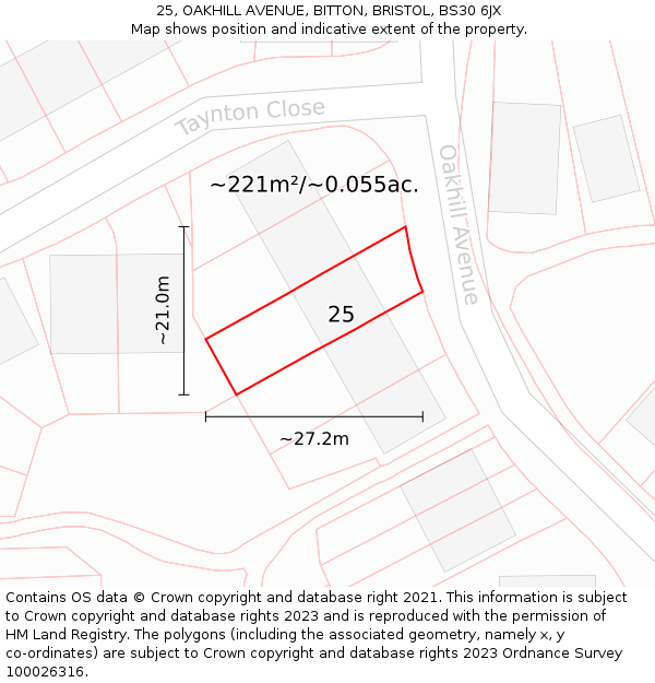 25, OAKHILL AVENUE, BITTON, BRISTOL, BS30 6JX: Plot and title map